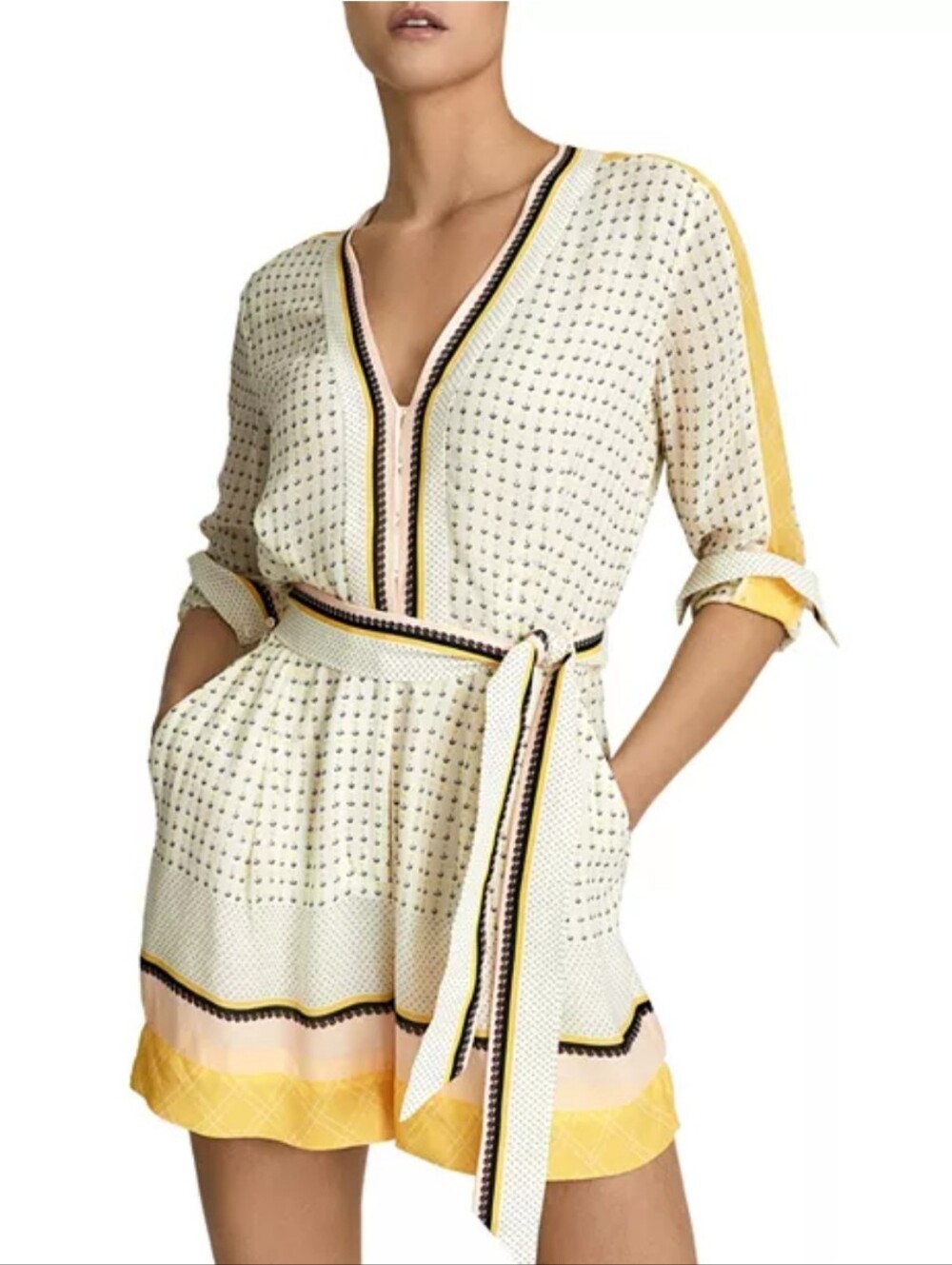 REISS scarf lemon print Naya long sleeve playsuit romper 10
